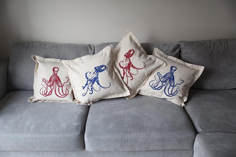 Nautical Cushion Covers - Squid Blue-Red