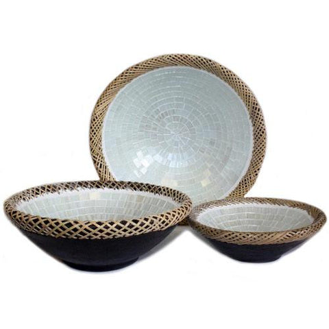 1x Set of Three Rattan Mosaic Bowls - White Marble