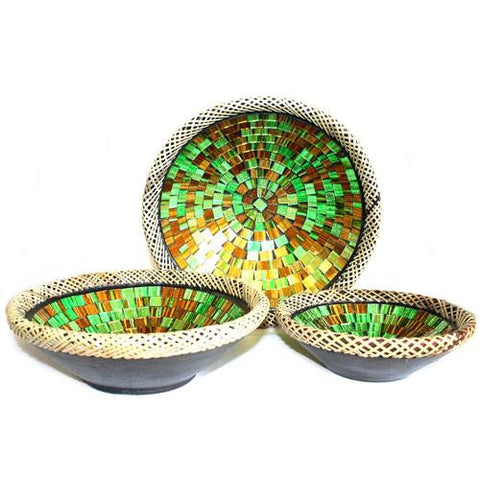 1x Set of Three Rattan Mosaic Bowls - Golden Moss