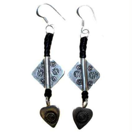 Black Waxed & Silver Heart Earring