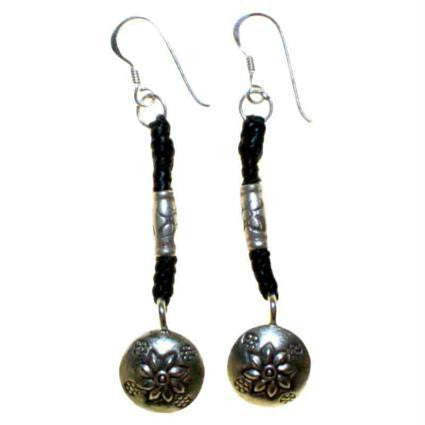 Black Waxed & Silver Flower Earring