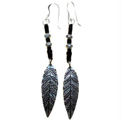 Black Waxed & Silver Fat Feather Earring